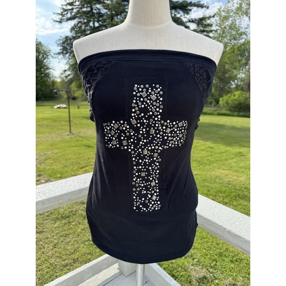 Y2K Vanity Strapless Cross Rhinestone Alt Grunge Tubetop Womens Med NWT